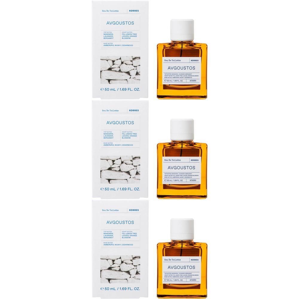 Trois flacons d'eau de toilette Avgoustos de Korres avec bouchons blancs et boîtes.