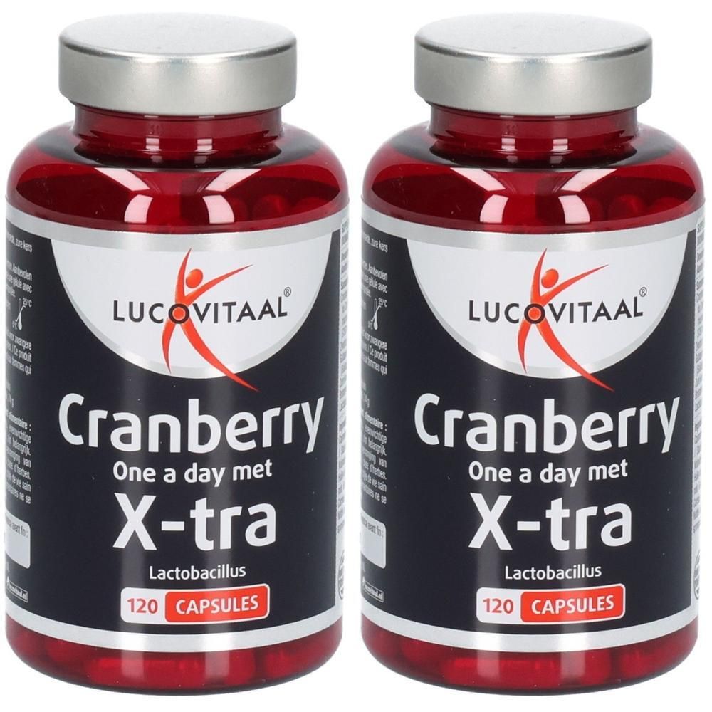 Deux flacons de Lucovitaal Cranberry X-tra Lactobacillus, 120 gélules chacun.