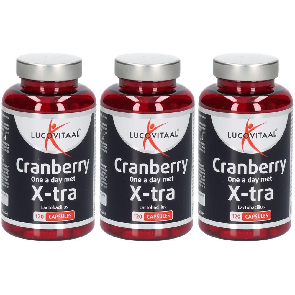 Trois flacons de Lucovitaal Cranberry X-tra avec Lactobacillus, 120 gélules par flacon.