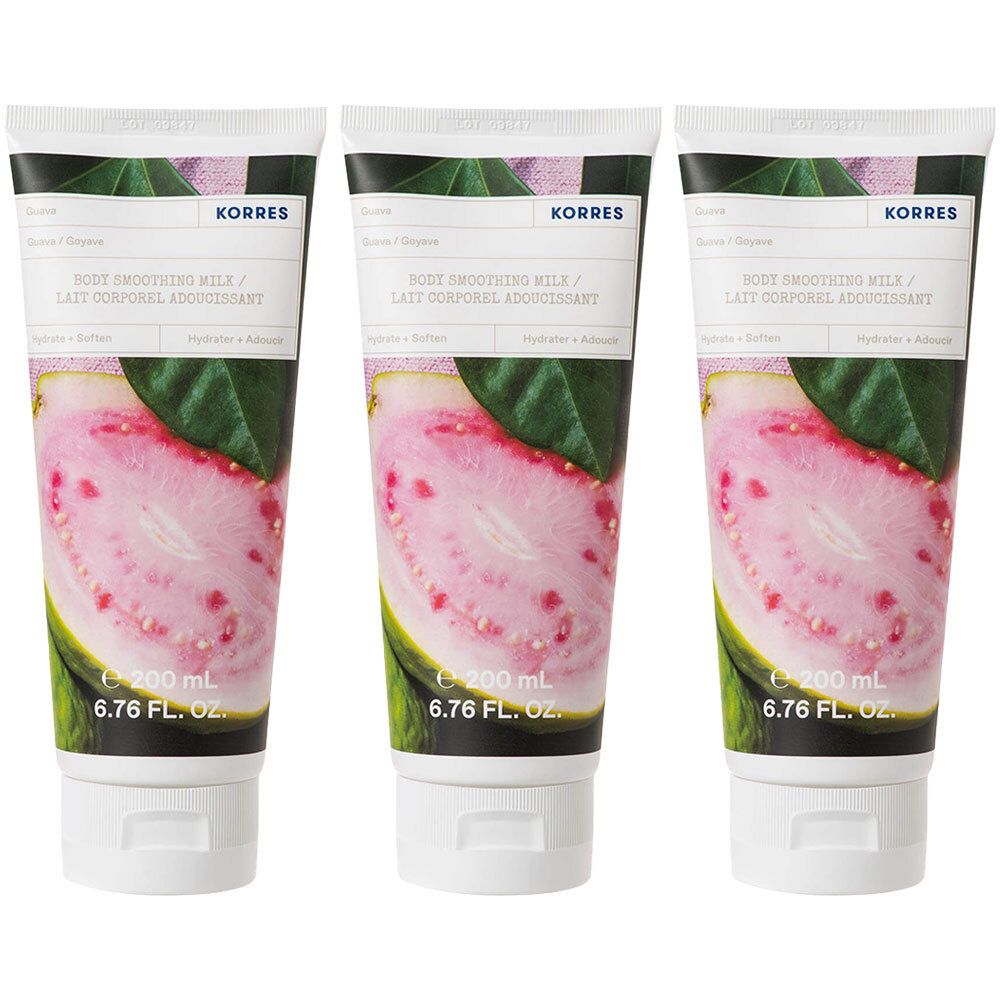 Trois tubes de Lait Corporel Adoucissant Korres à la goyave. 200 ml.