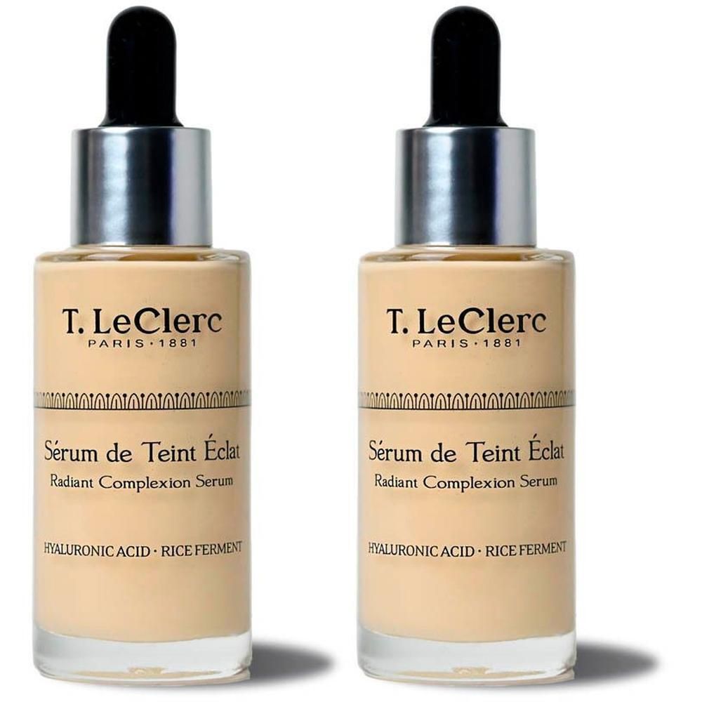 Twee flacons T. LeClerc Serum de Teint Eclat Anti Age, 06 Macadamia, met pipetten.