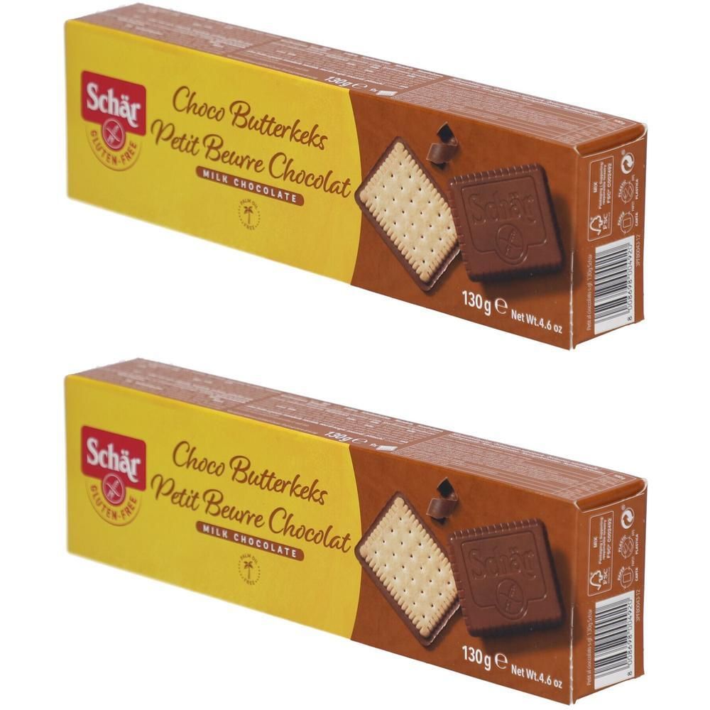 Twee pakken Schär Petit Beurre Chocolade koekjes, glutenvrij, 130g.
