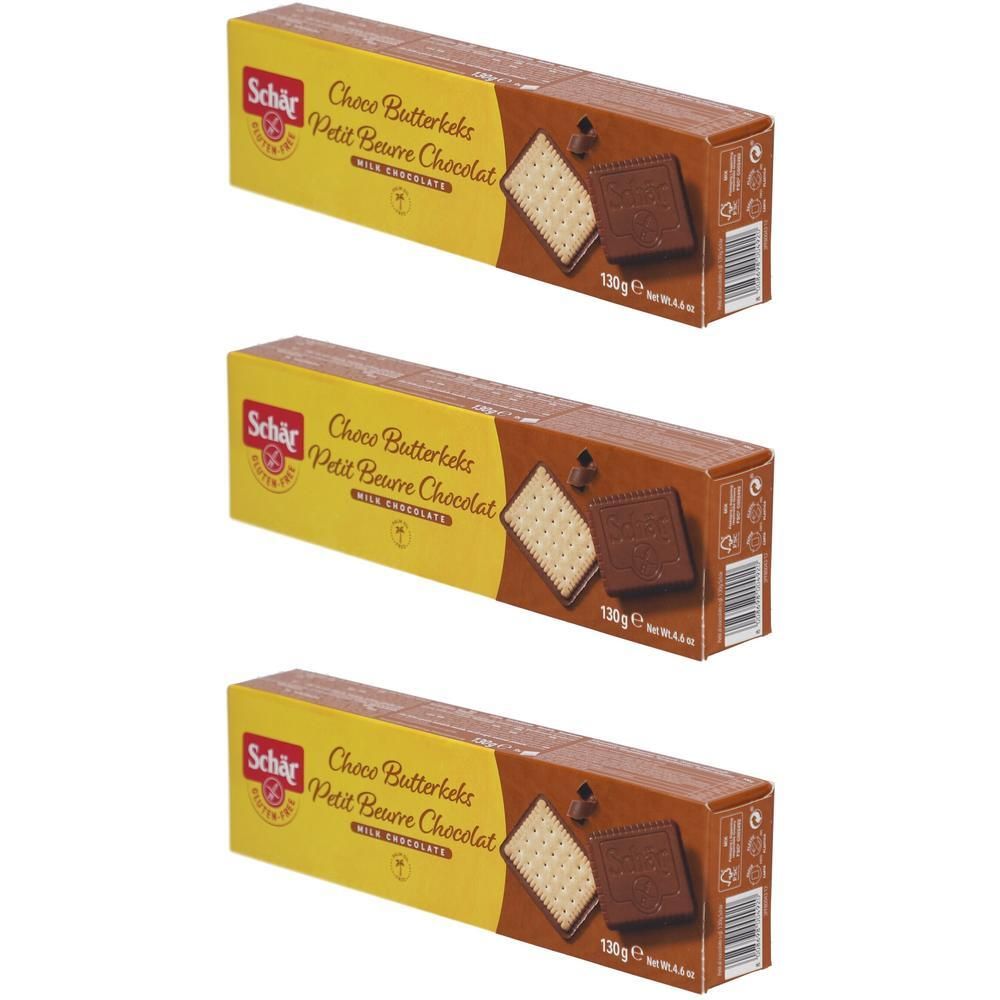 Drie pakken Schär Petit Beurre Chocolat, geel met bruin.