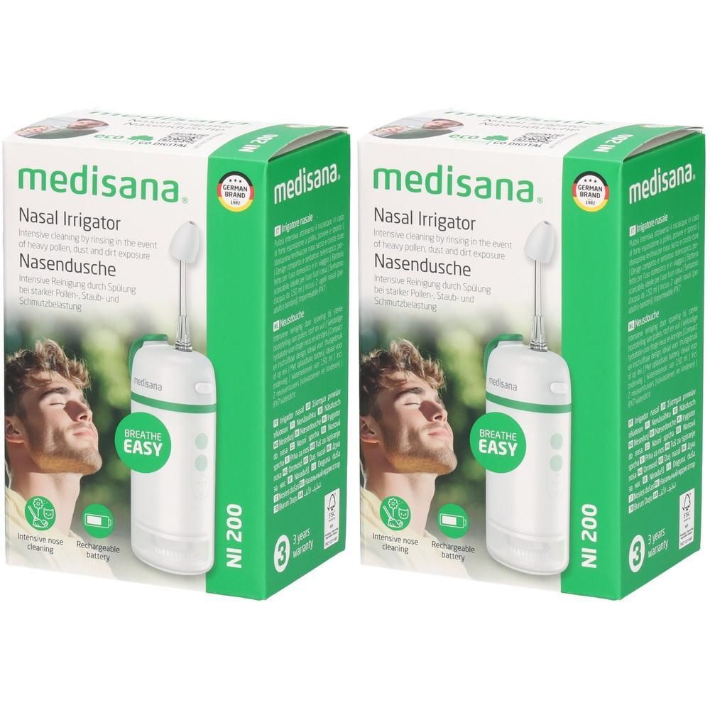 Twee medisana NI 200 neusdouches in doos. Wit apparaat met opzetstuk en groene accenten.