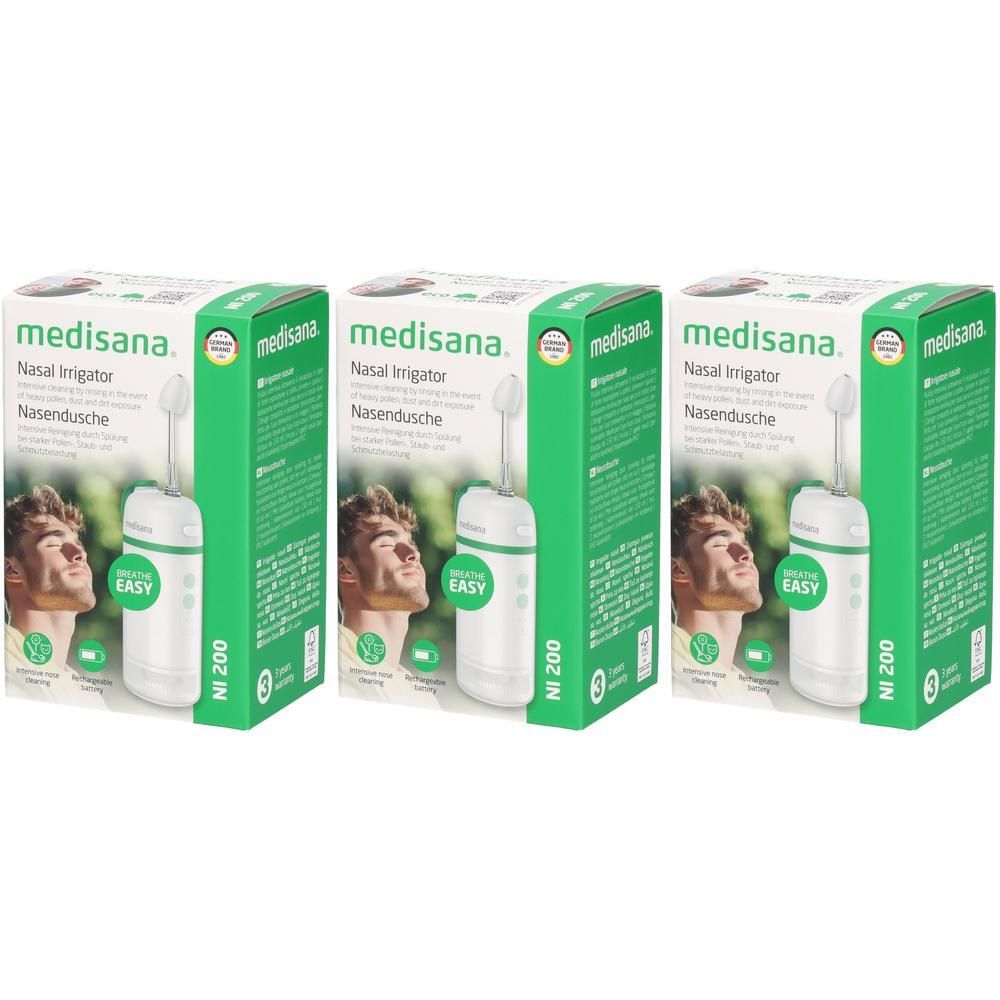 Drie verpakkingen Medisana NI 200 Neusdouche. Witte apparaten met neustuit en groene accenten.