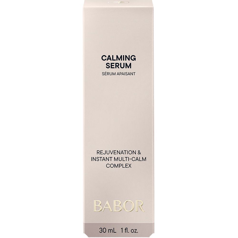 Emballage Babor Calming Serum avec texte 'Rejuvenation & Instant Multi-Calm Complex'.