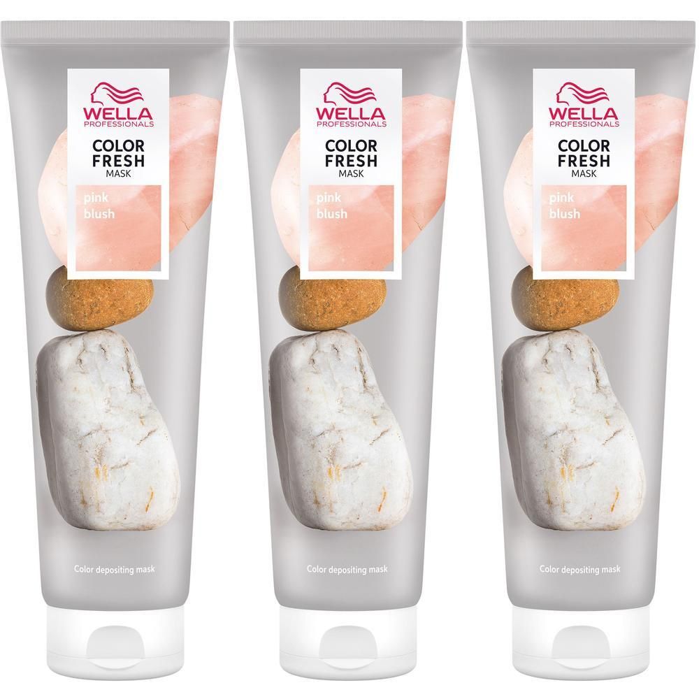 Trois tubes de Wella Color Fresh Mask Pink Blush avec des pierres et un échantillon de couleur.
