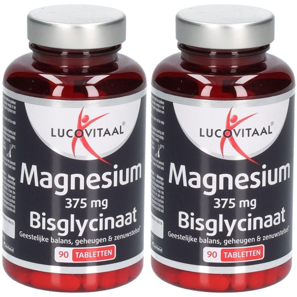 Deux flacons de Lucovitaal Magnésium 375 mg Bisglycinate, 90 comprimés par flacon.