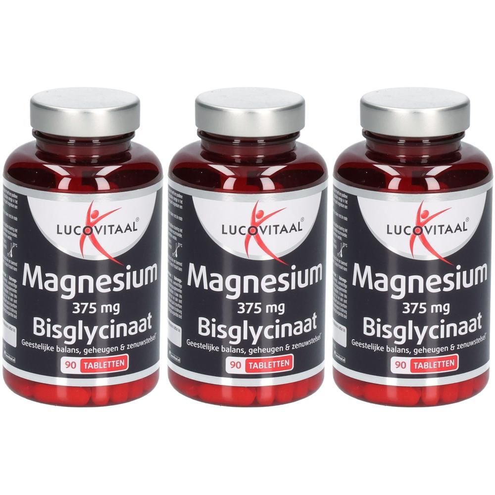 Trois flacons de Lucovitaal Magnésium Bisglycinate 375 mg, 90 comprimés par flacon.