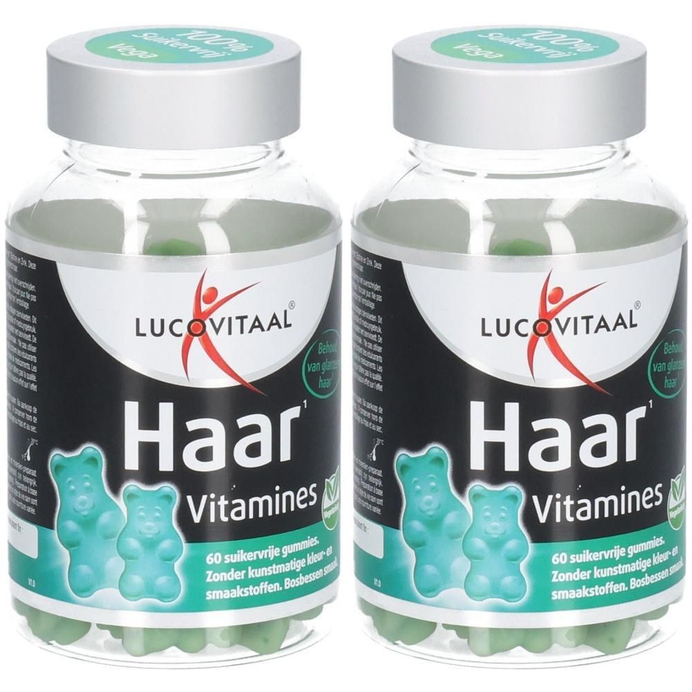 Deux flacons de gummies pour cheveux Lucovitaal. Chaque flacon contient 60 gummies sans sucre.