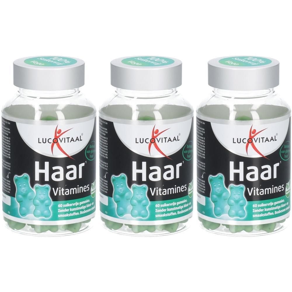 Drie flessen Lucovitaal Haar Vitamins gummies, suikervrij.