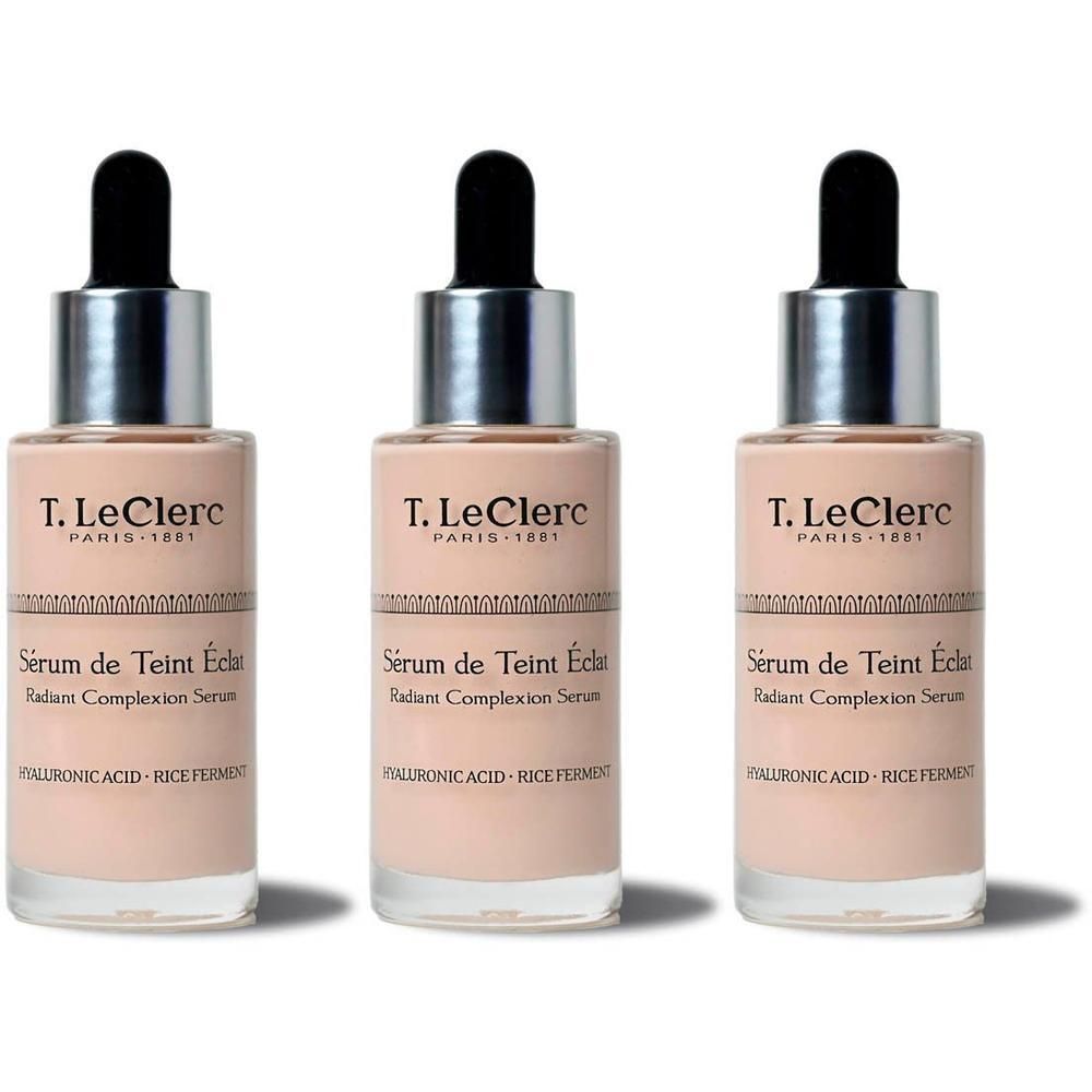Drie flacons T. LeClerc Sérum de Teint Éclat met pipetten. Lichte huidskleur.