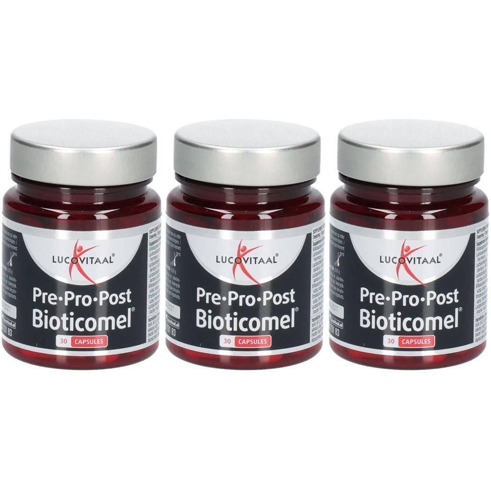 Drie flessen Lucovitaal Pre-Pro-Post Bioticomel met elk 30 capsules.