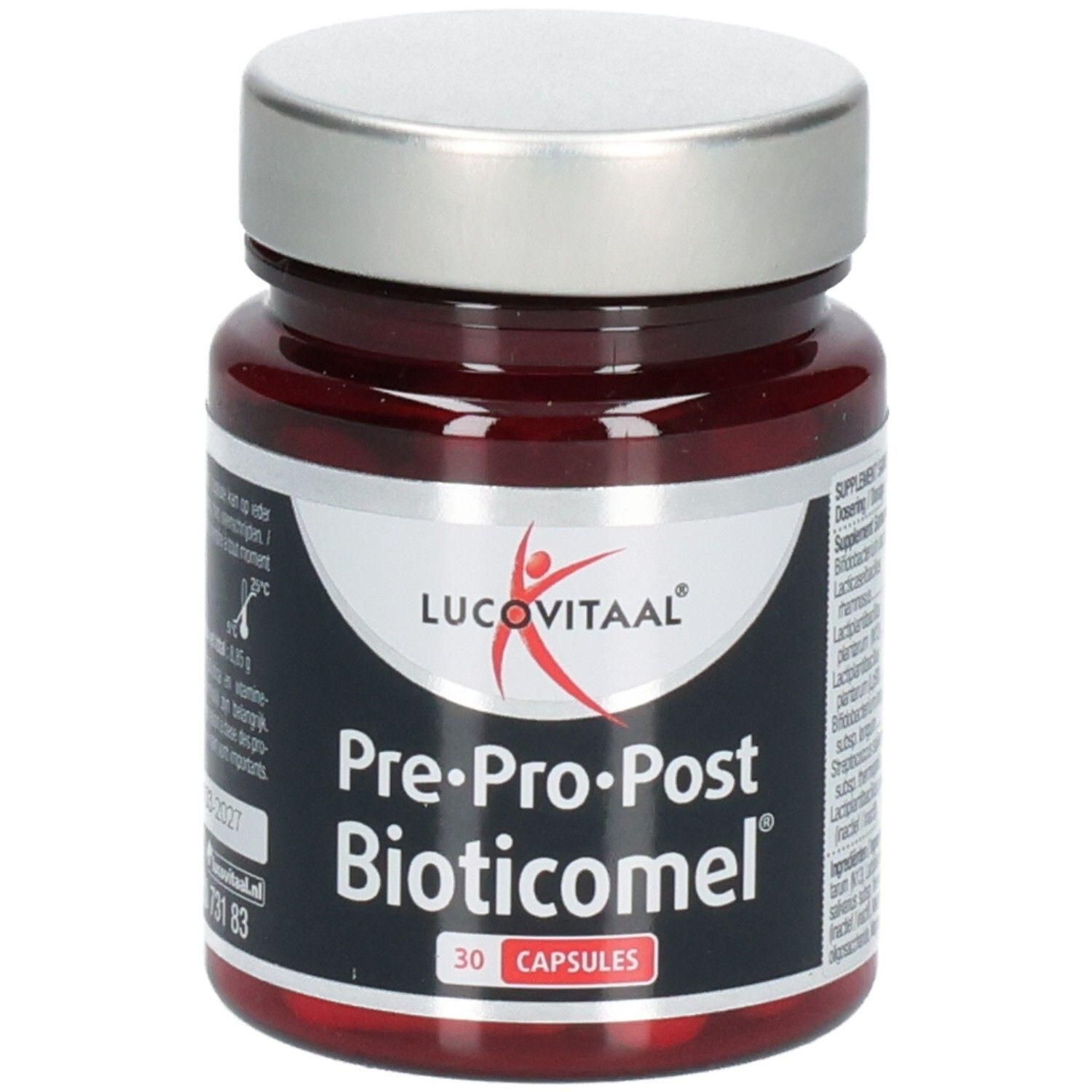 Lucovitaal Pre-Pro-Post Bioticomel Capsules. Flacon rouge foncé avec bouchon argenté. 30 capsules.