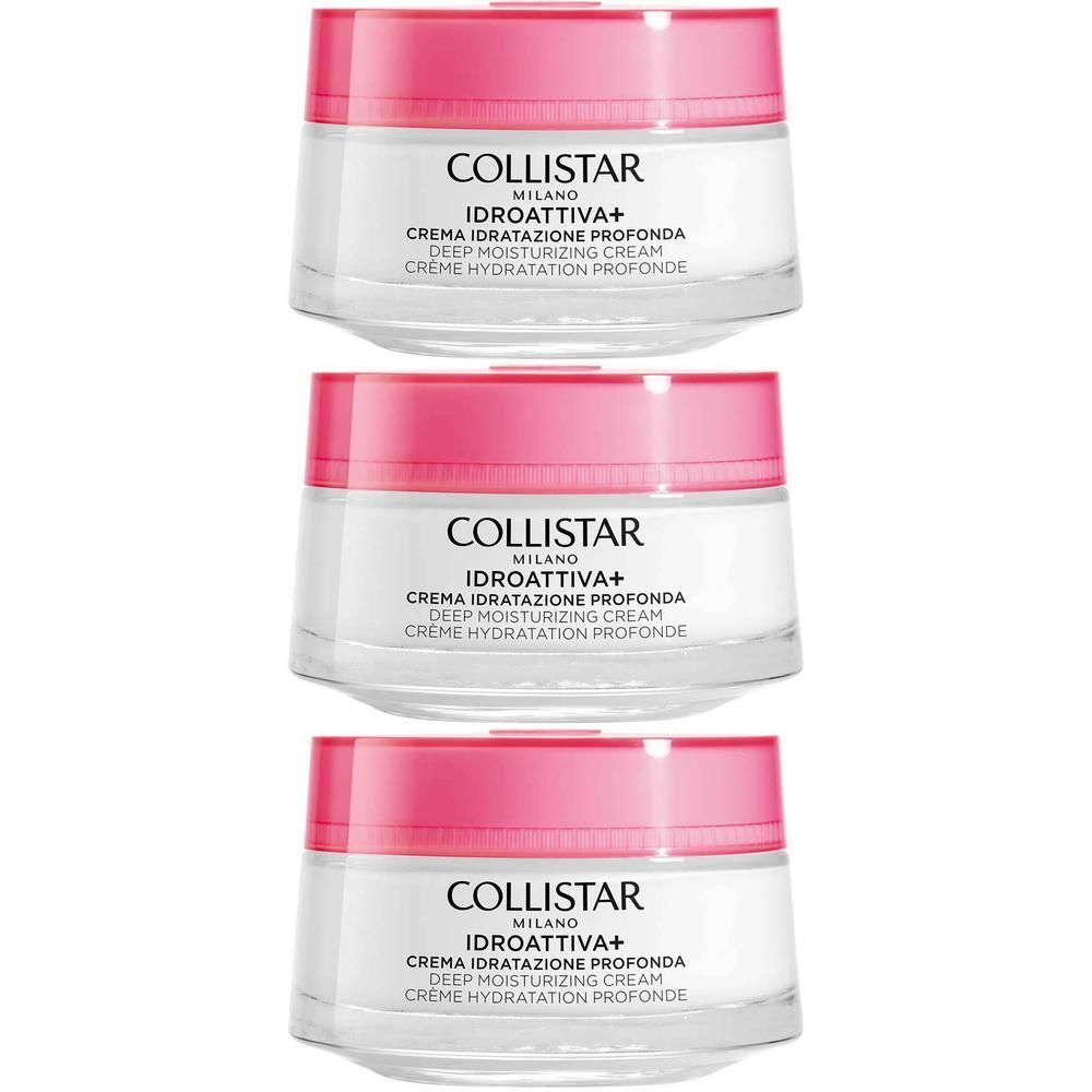 Trois pots de Collistar Crème Hydratation Profonde avec couvercles roses.