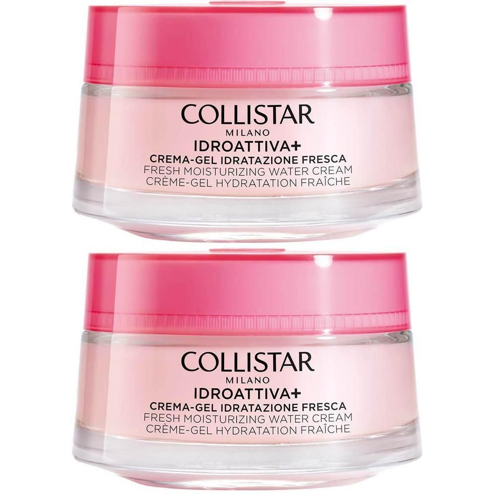 Twee Collistar Idroattiva+ Crème-Gel Hydratation Fraîche potjes met roze deksels.