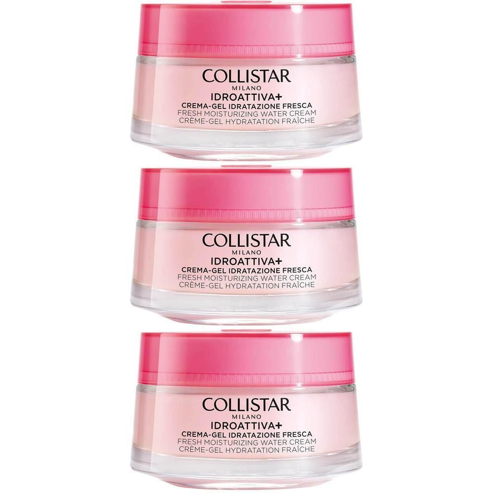 Drie potjes Collistar Idroattiva+ Fresh Moisturizing Water Cream met roze deksels.