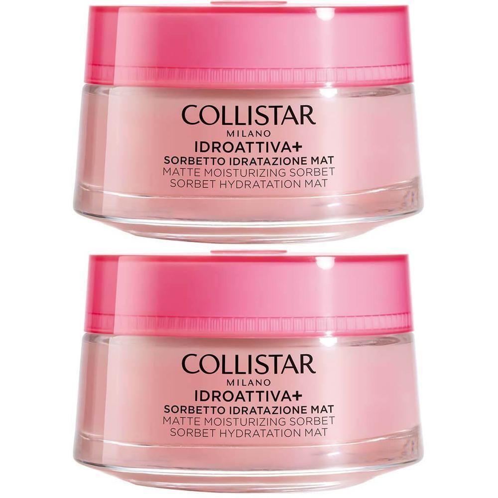 Twee Collistar Sorbet Hydratation Mat crèmepotjes met roze deksels.