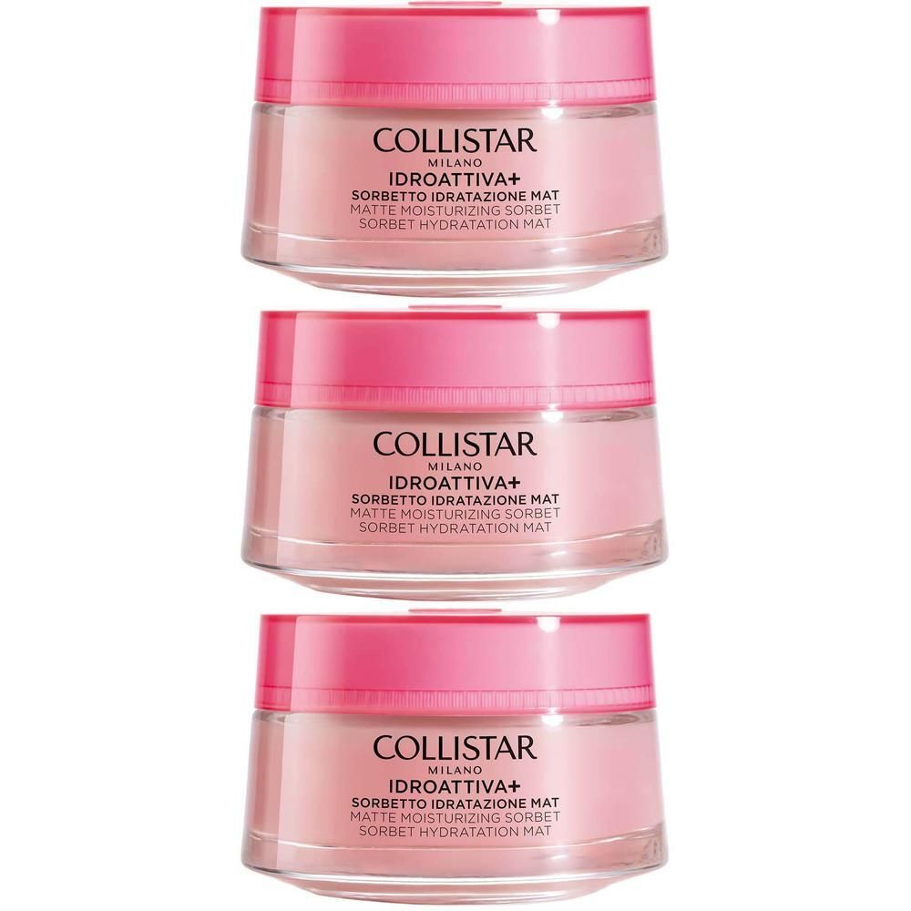 Trois pots de Collistar Sorbet Hydratation Mat avec couvercles roses.
