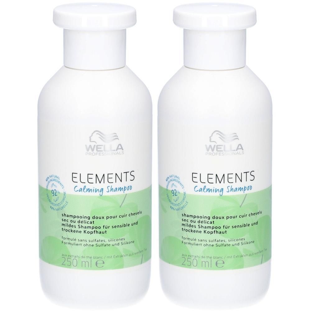 Twee witte flessen Wella Elements Calming Shampoo, elk 250 ml.