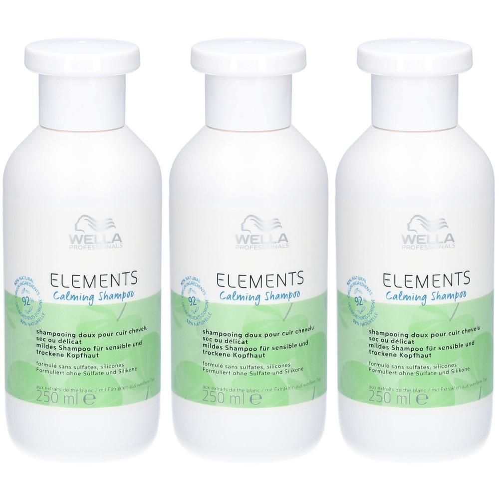 Drie witte flessen Wella Elements Calming Shampoo, elk 250 ml.