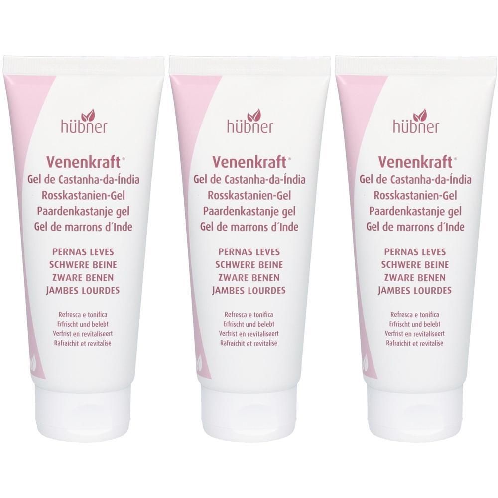 Trois tubes de gel de marrons d'Inde Venenkraft avec logo Hübner. Texte en allemand, portugais, néerlandais et français.