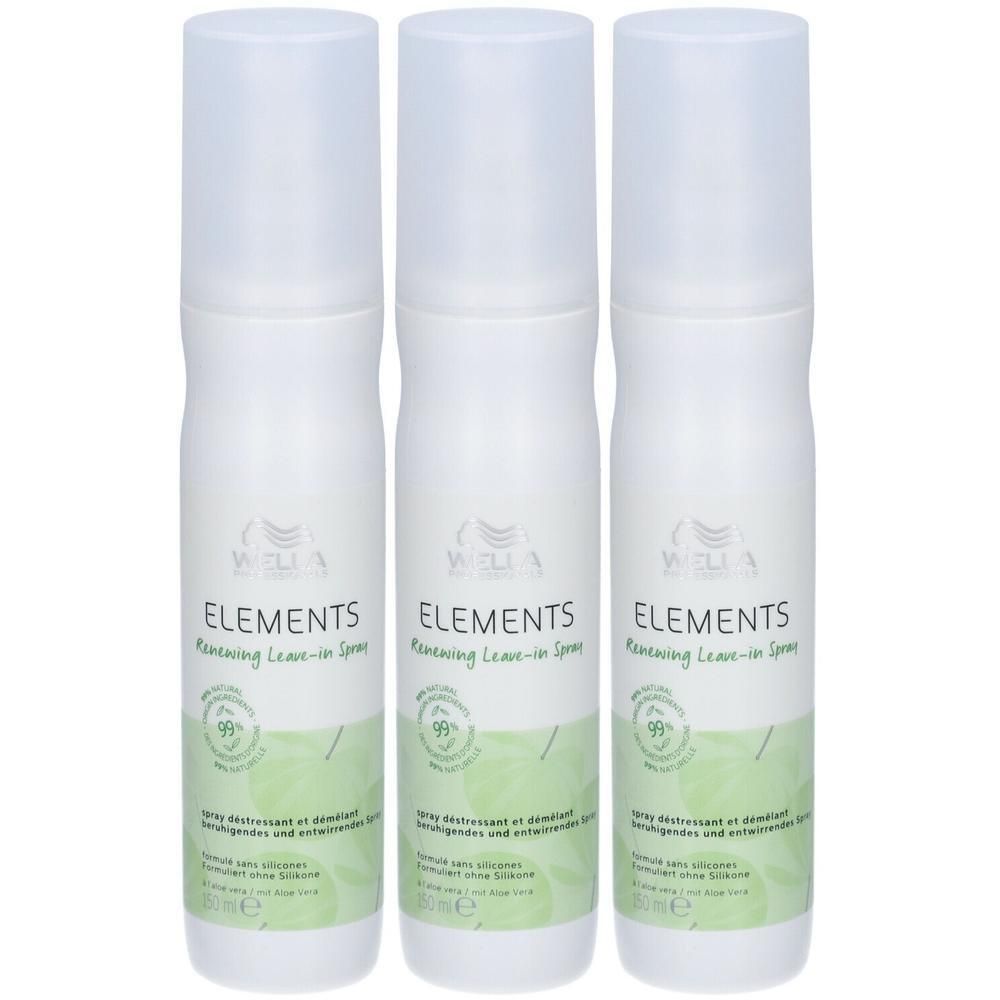Trois flacons pulvérisateurs blancs WELLA ELEMENTS Renewing Leave-in Spray avec bouchons transparents.