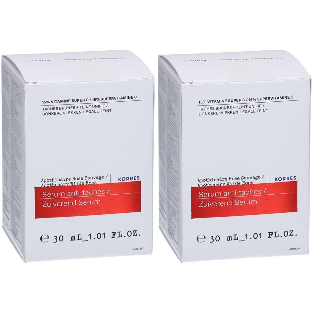 Twee dozen Korres Serum van 30 ml. Tekst in het Nederlands, Duits, Engels en Frans.