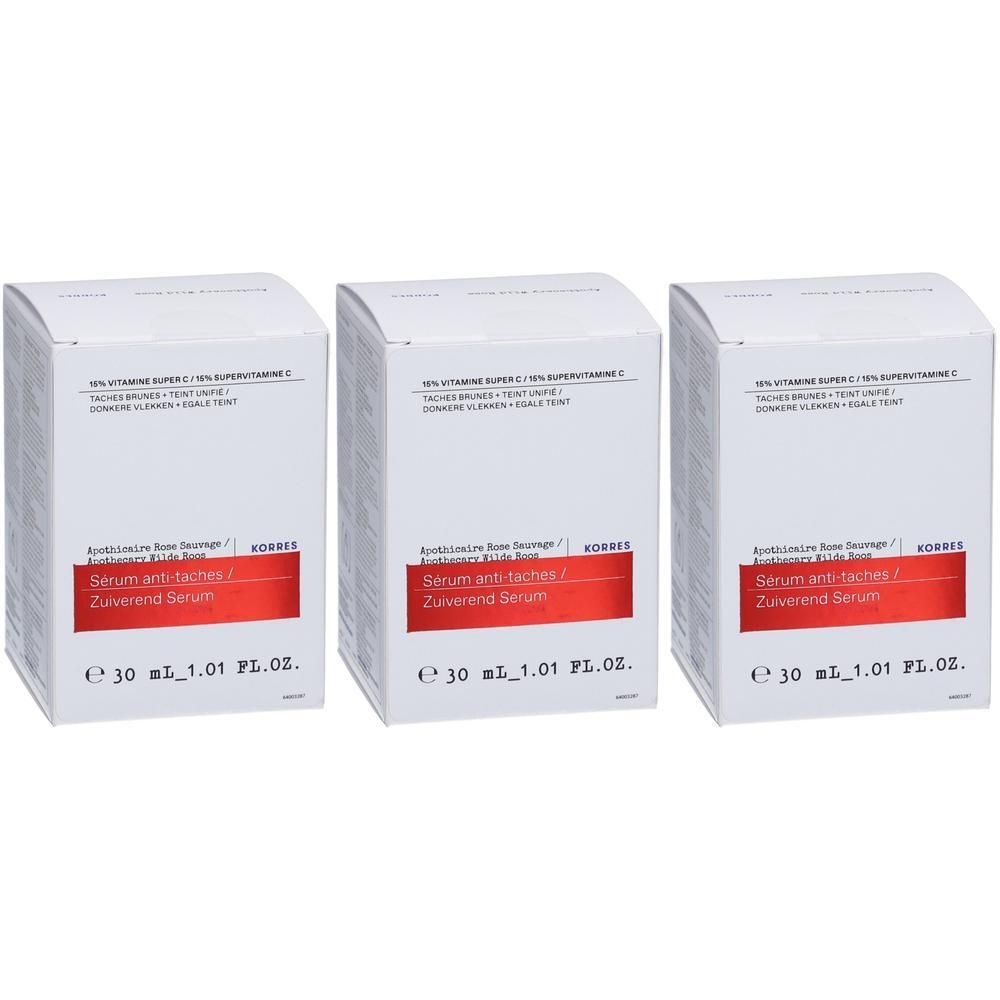 Drie dozen Korres Serum Anti-Taches Apothicaire Rose Sauvage, elk 30 ml.