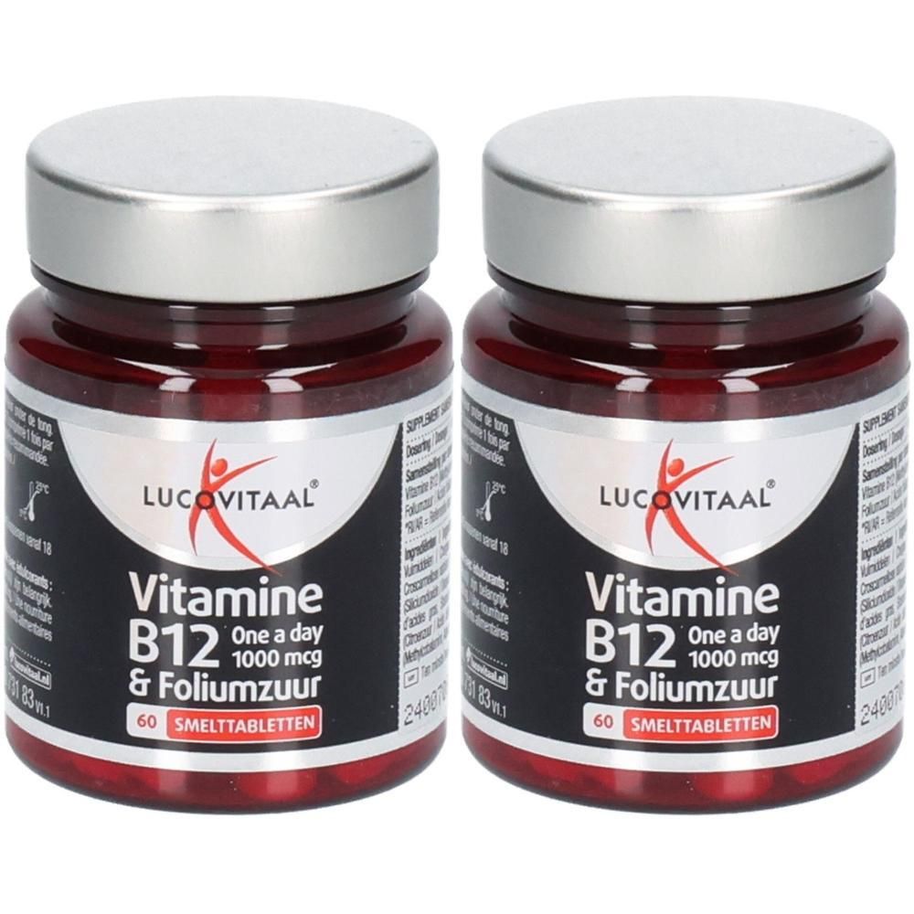 Twee potjes Lucovitaal Vitamine B12 & Foliumzuur smelttabletten, 60 stuks per potje.