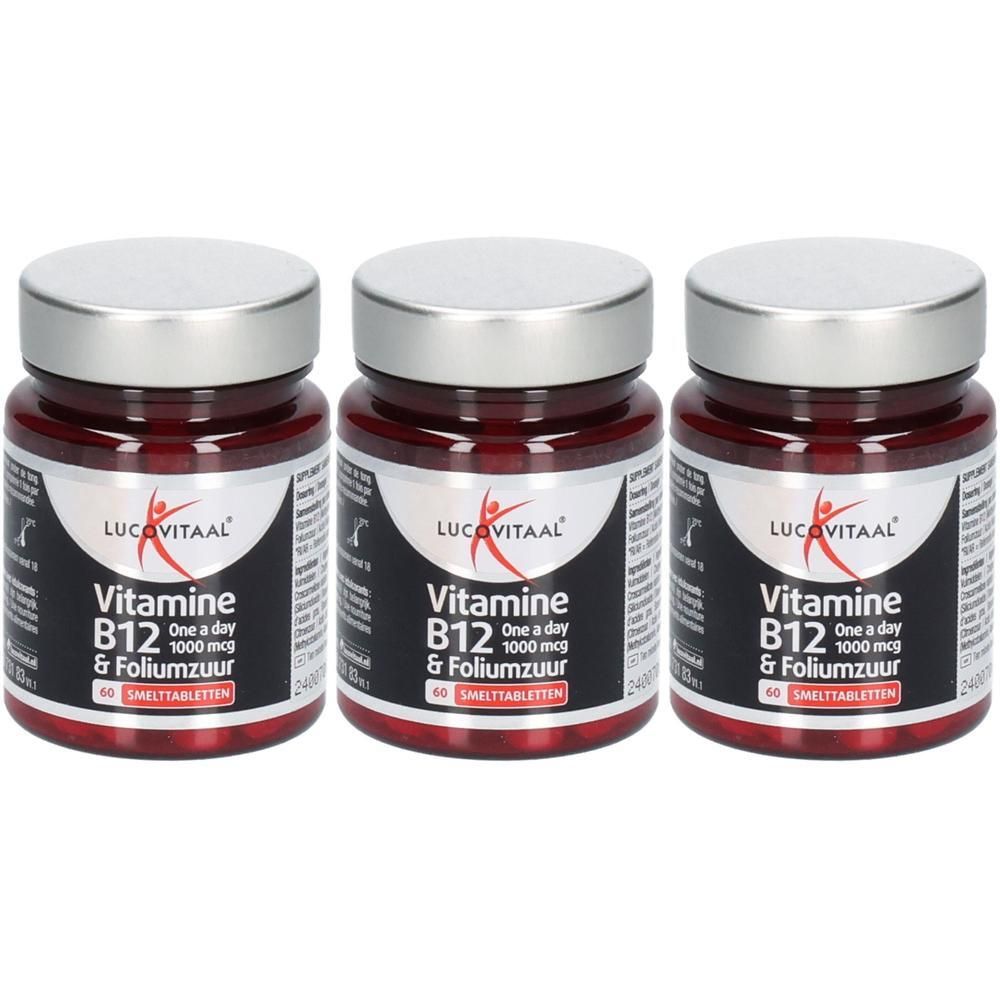 Drie potjes Lucovitaal Vitamine B12 & Foliumzuur smelttabletten, 1000 mcg.