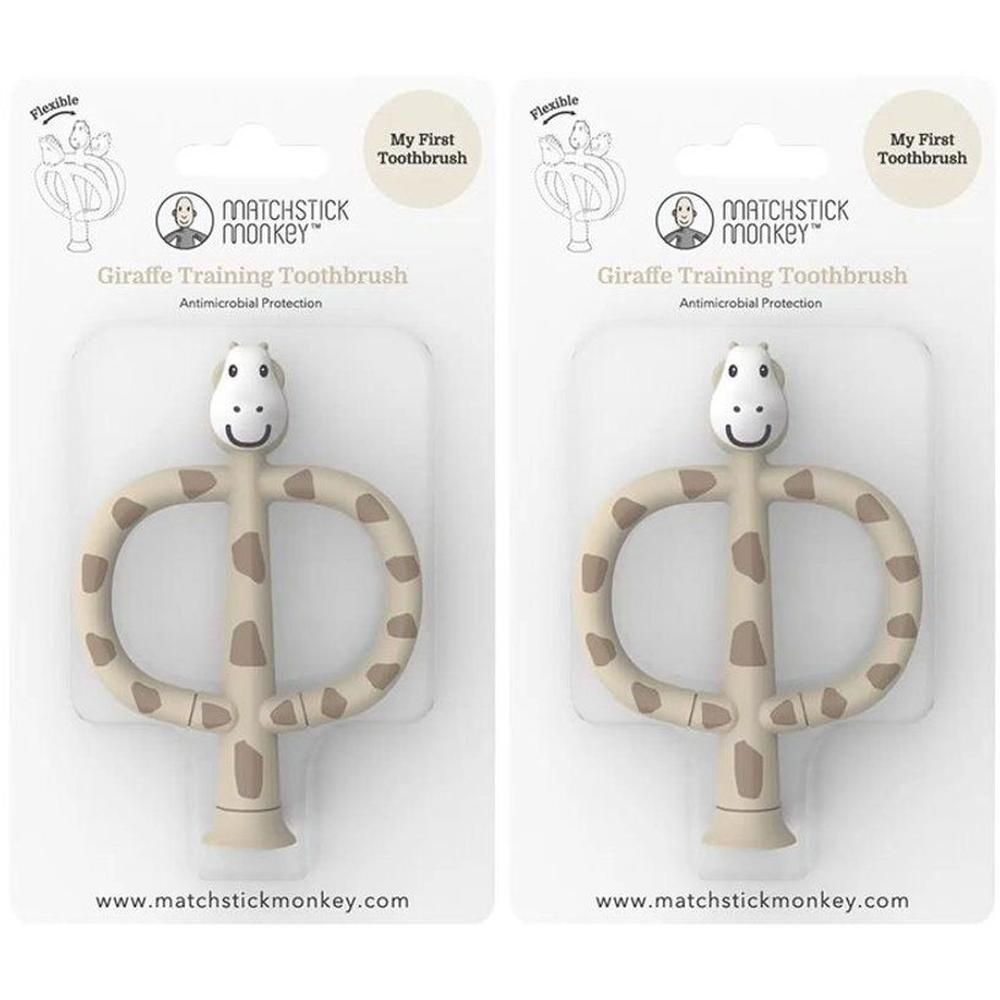 Anneau de dentition girafe beige à pois marron, avec inscriptions "My First Toothbrush" et "Matchstick Monkey".