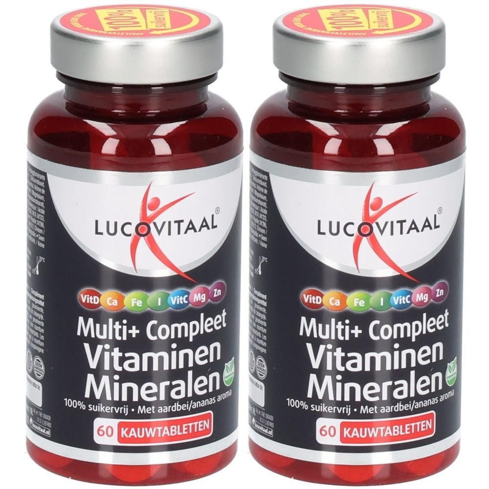 Twee flacons Lucovitaal Multi+ Compleet Vitaminen Mineralen, 60 kauwtabletten per flacon.