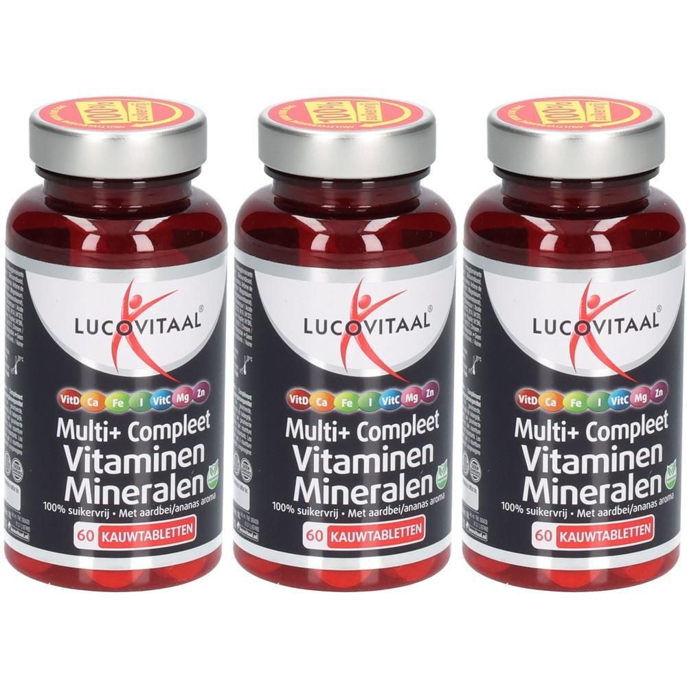 Drie flessen Lucovitaal Vitamines & Mineralen, 60 kauwtabletten per fles.