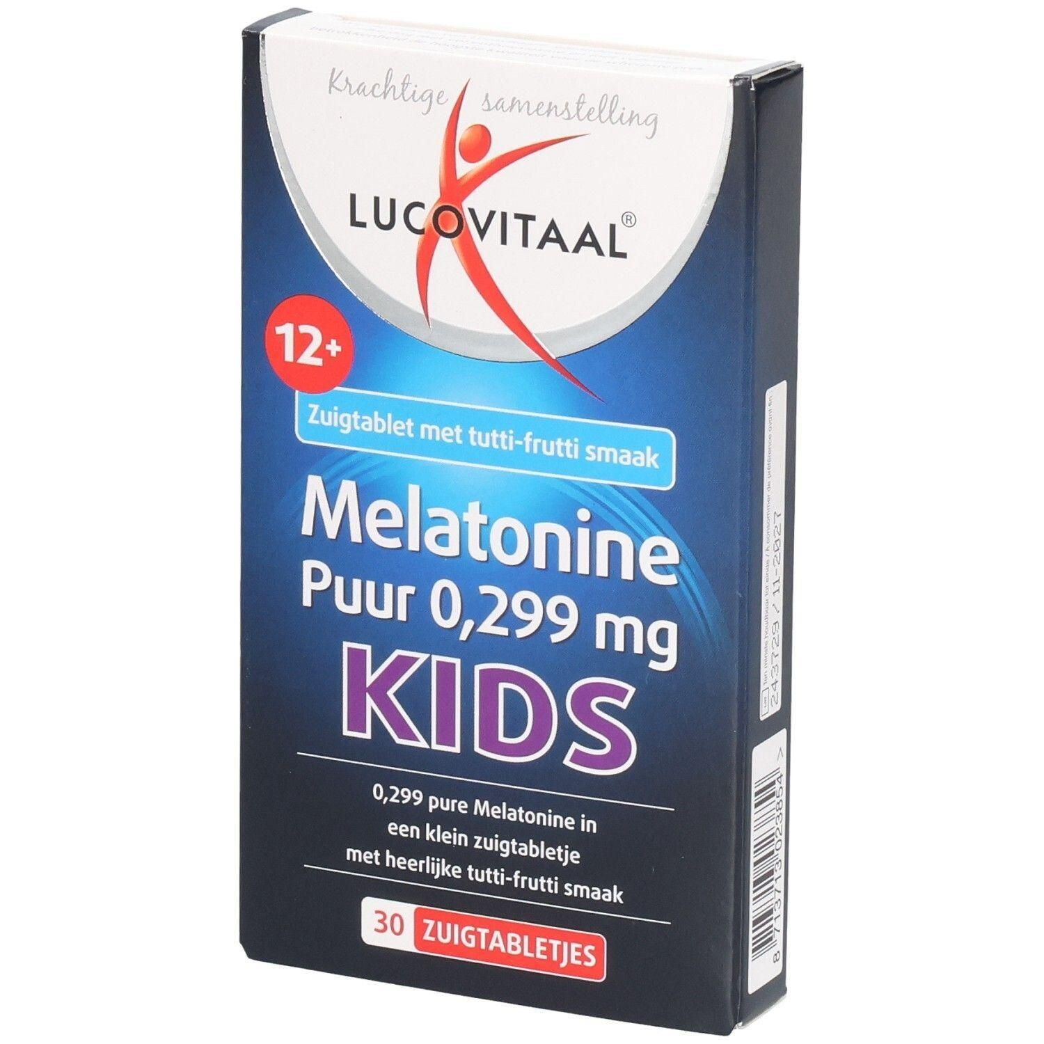 Lucovitaal Melatonine Kids: 30 zuigtabletten met tutti-frutti smaak, 0,299 mg melatonine per tablet.