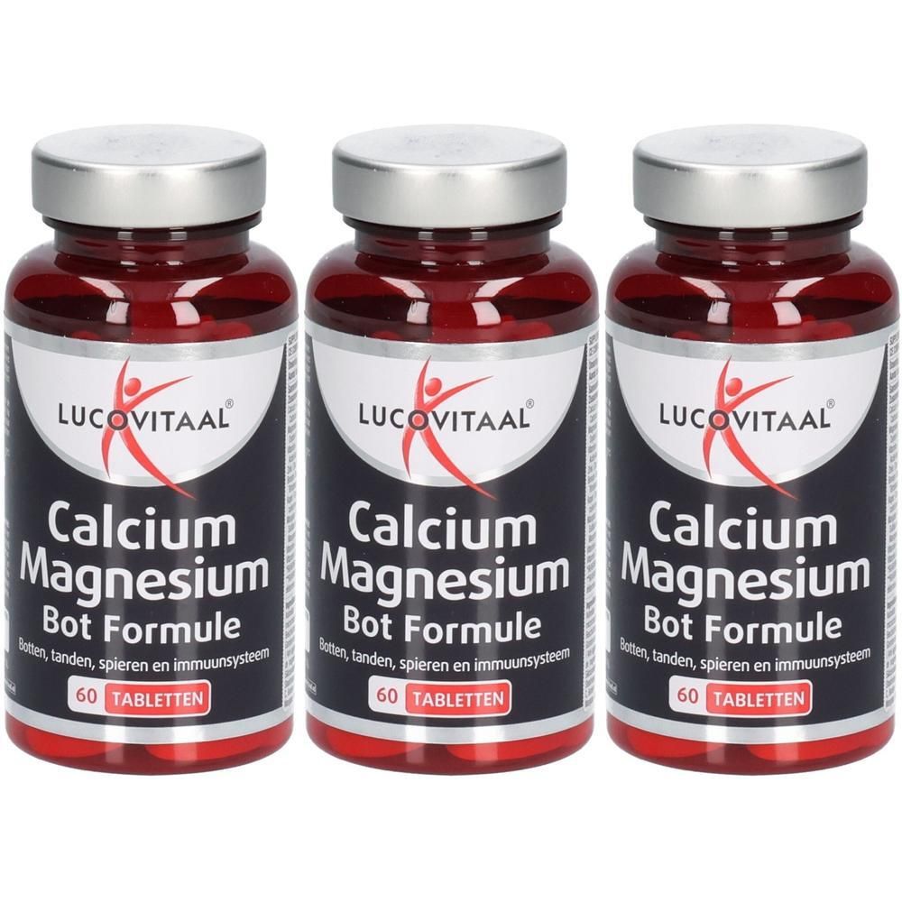 Drie flessen Lucovitaal Calcium Magnesium Bot Formule, elk met 60 tabletten.