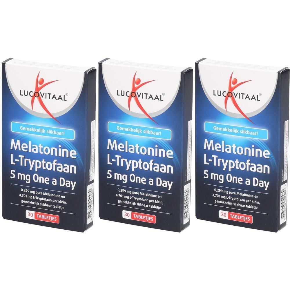 Trois boîtes de Lucovitaal Mélatonine L-Tryptophane 5 mg, 30 comprimés par boîte.