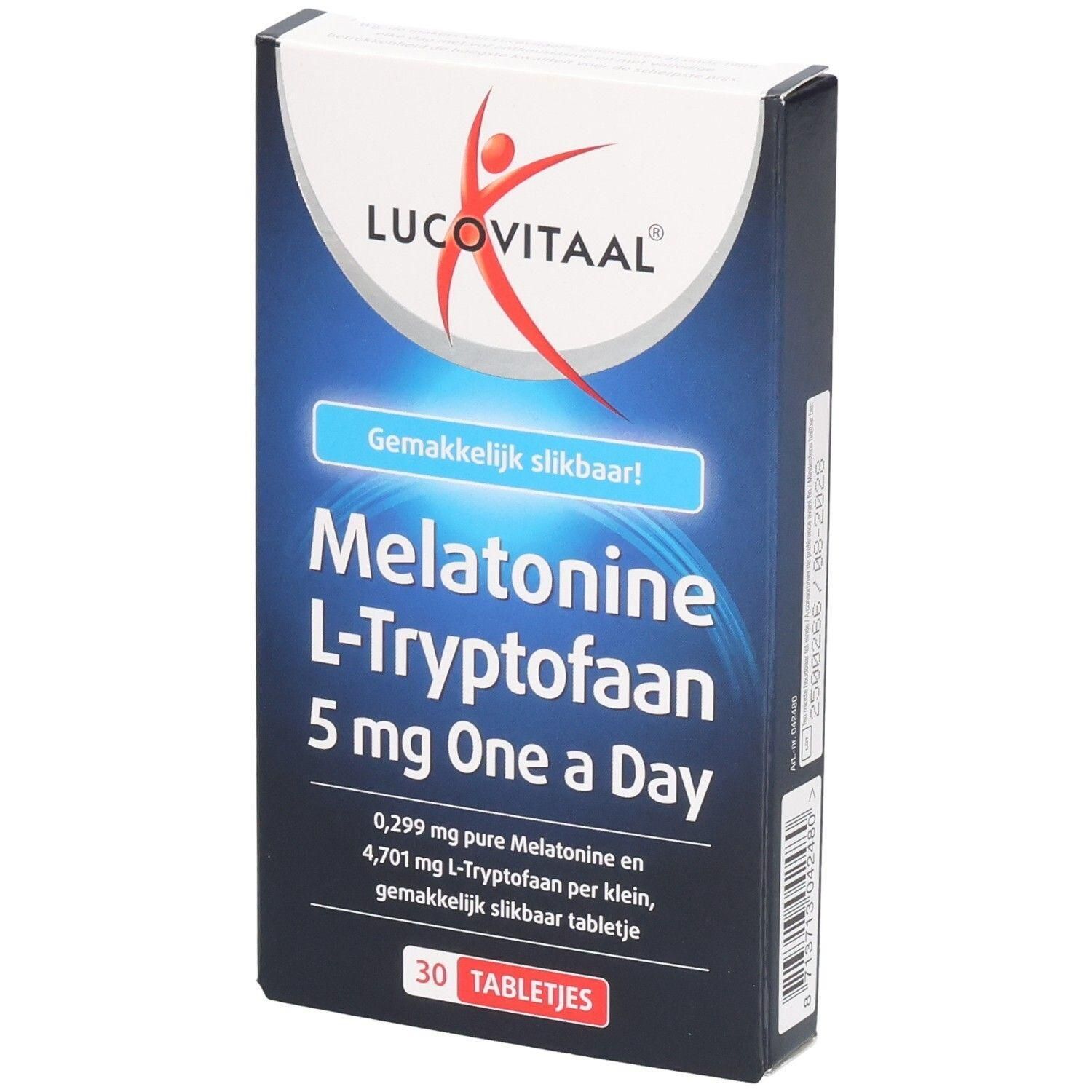 Lucovitaal Melatonine L-Tryptofaan 5 mg One a Day Doos met 30 tabletjes.