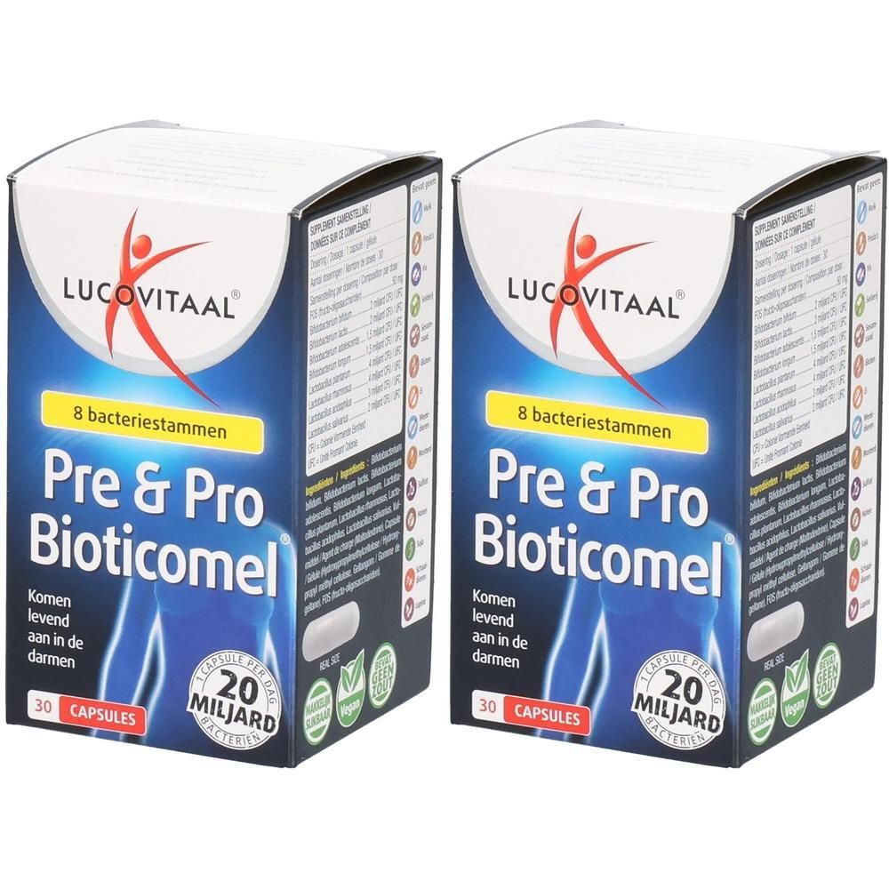 Deux boîtes de Lucovitaal Pre & Pro Bioticomel, 30 gélules chacune. Contient 8 souches bactériennes et 20 milliards de bactéries.