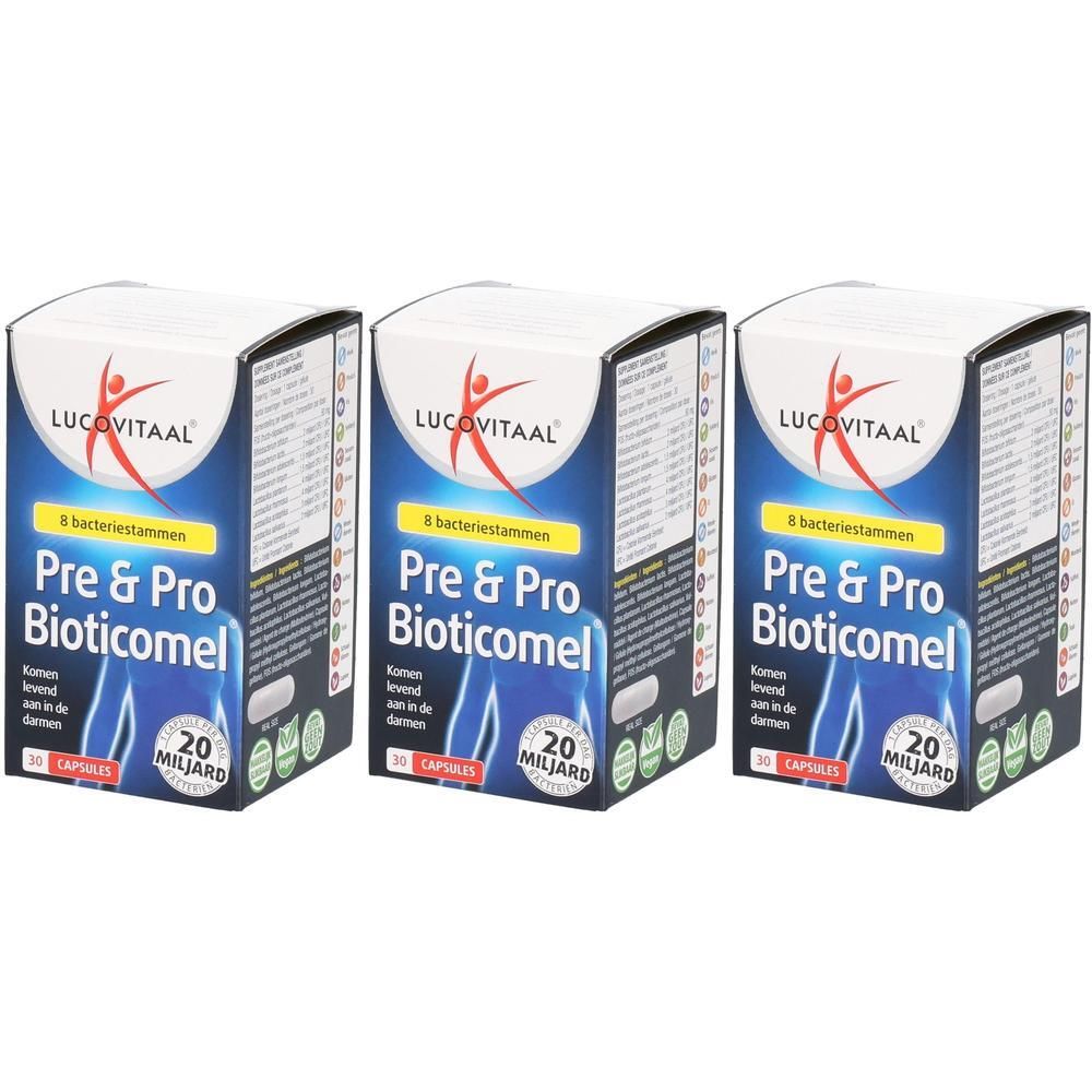 Trois boîtes de Lucovitaal Pre & Pro Bioticomel, chacune contenant 30 gélules et 20 milliards de cultures bactériennes.