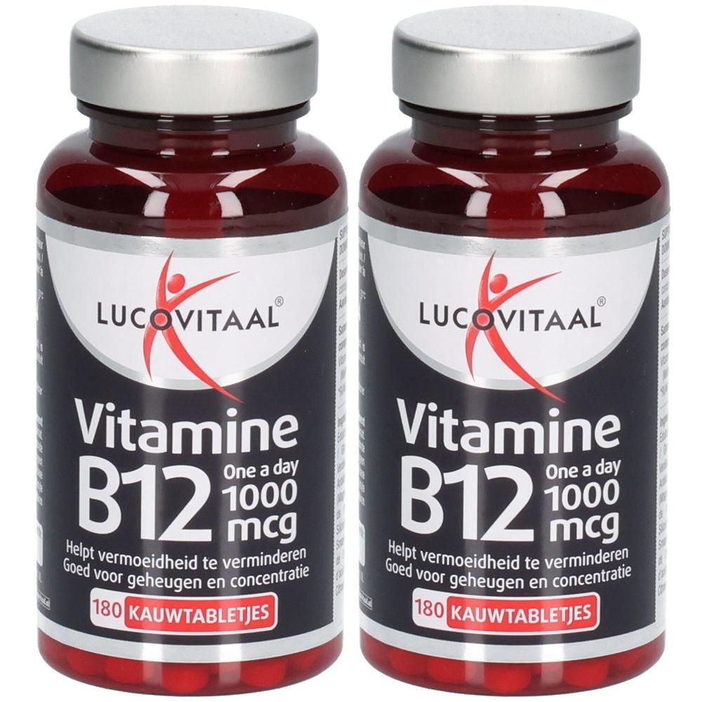 Twee flessen Lucovitaal Vitamine B12 1000 mcg, 180 kauwtabletten per fles.