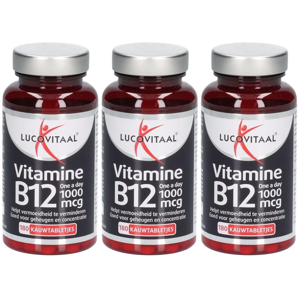 Trois flacons de Lucovitaal Vitamine B12 1000 mcg comprimés à croquer.