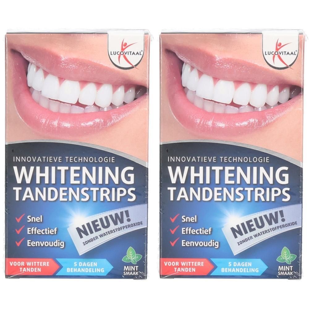 Lucovitaal Whitening Tandenstrips, lot de deux boîtes, présente un sourire éclatant.