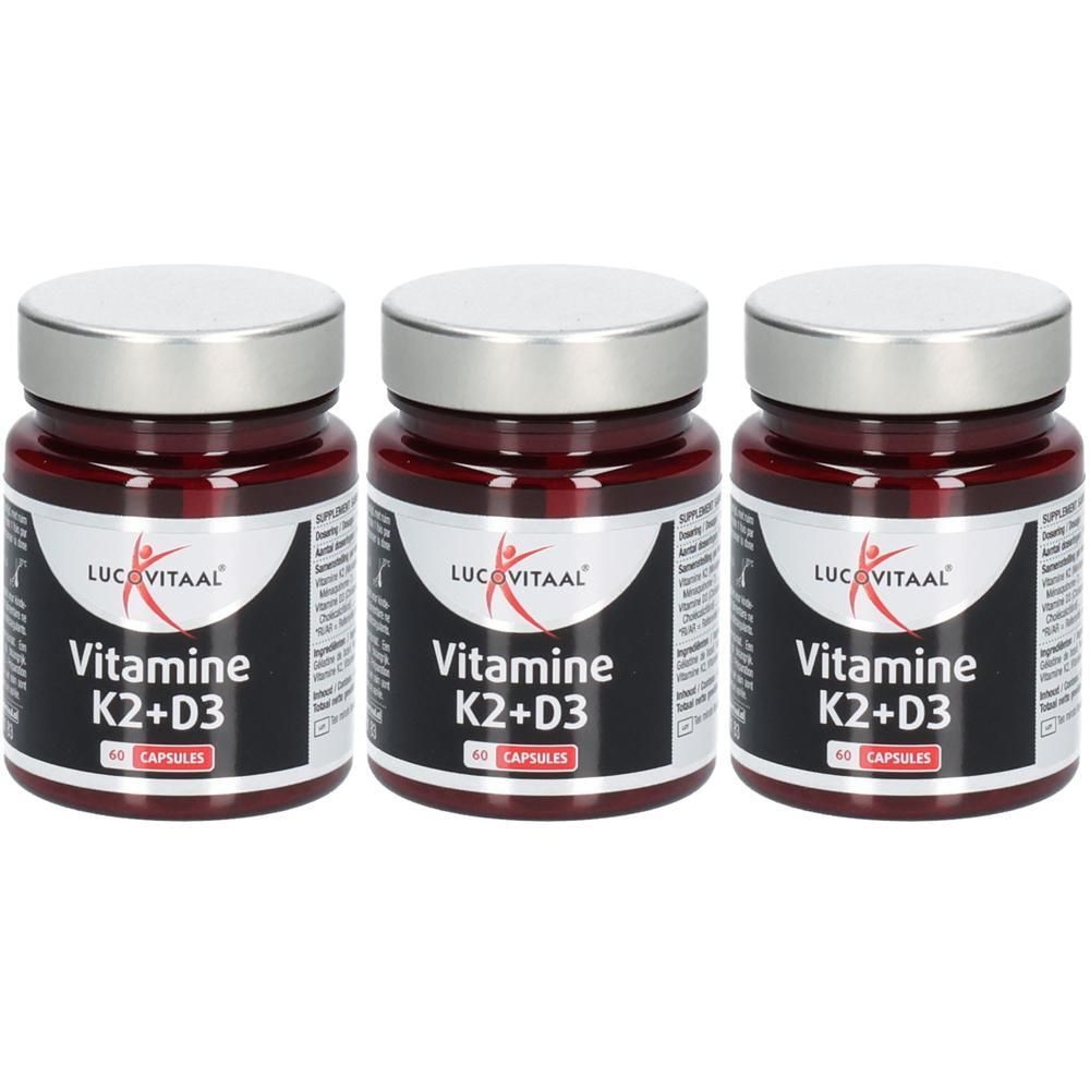 Trois flacons de Lucovitaal Vitamine K2+D3, chacun contenant 60 gélules.