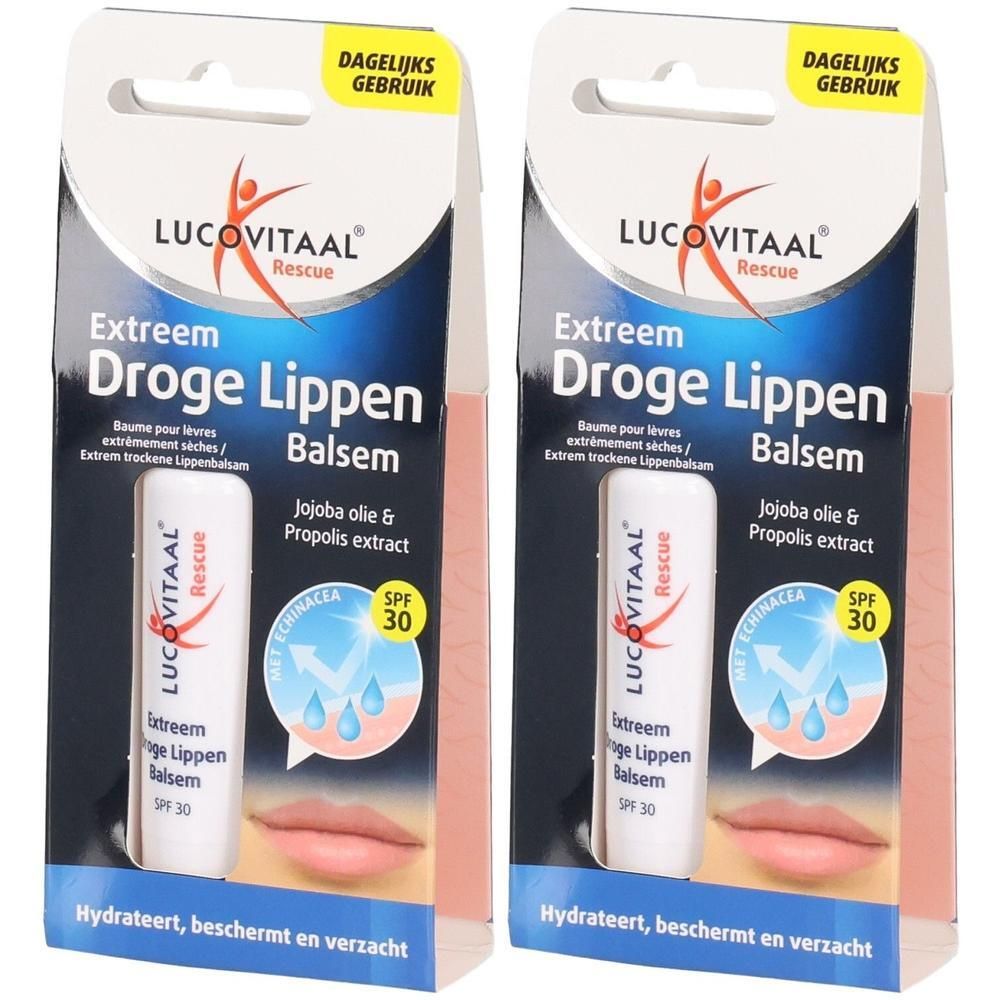 Deux paquets de baume à lèvres Lucovitaal SPF 30. Contient de l'huile de jojoba et de l'extrait de propolis.