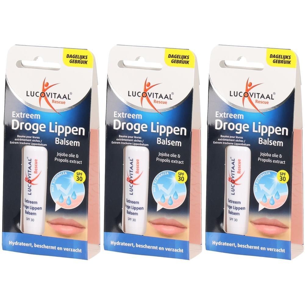 Drie verpakkingen Lucovitaal lippenbalsem voor extreem droge lippen, SPF 30.