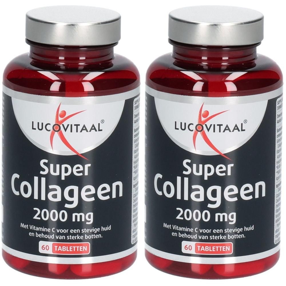 Deux flacons de Lucovitaal Super Collagen 2000 mg, 60 comprimés par flacon.