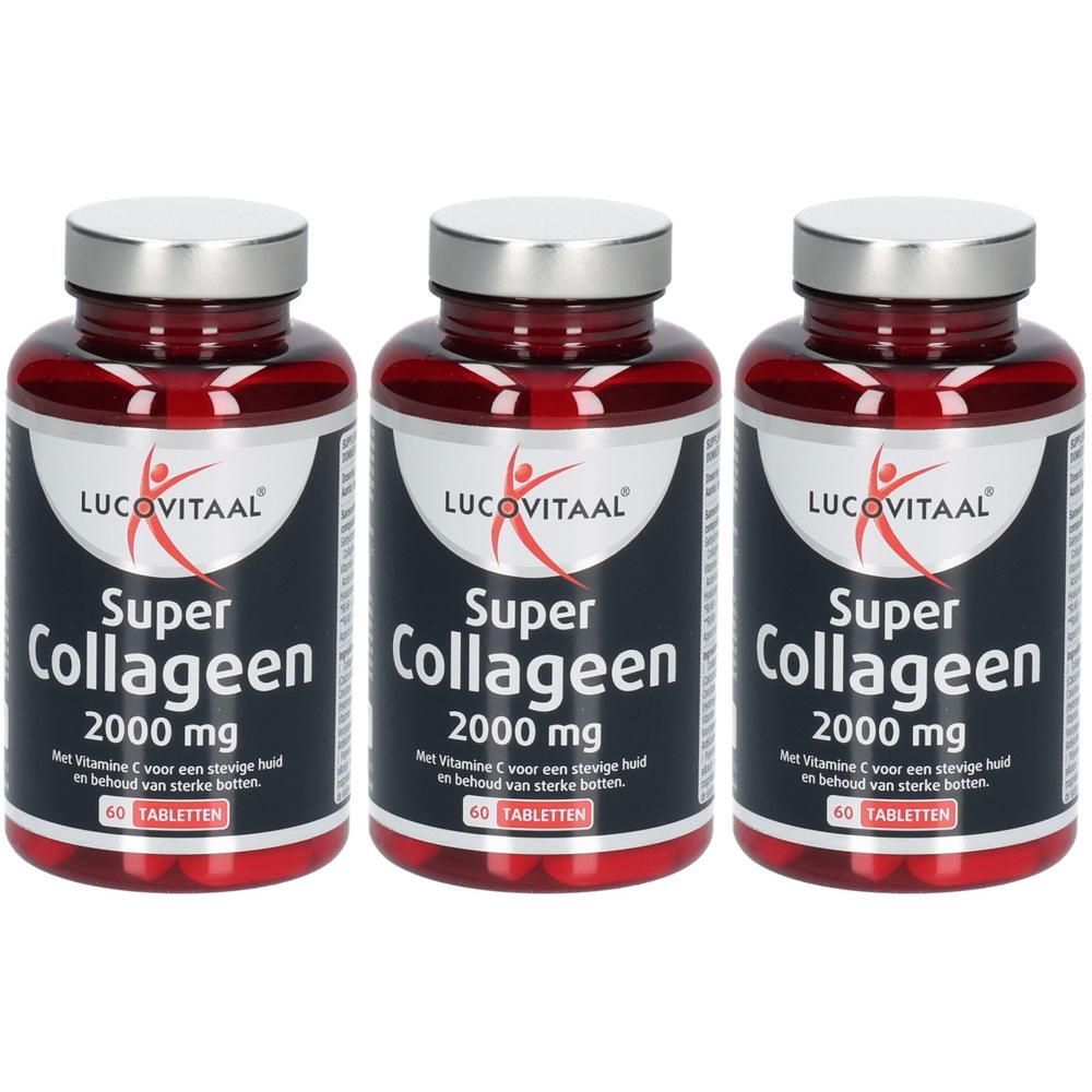 Trois flacons de Lucovitaal Super Collagen 2000 mg, chacun contenant 60 comprimés.