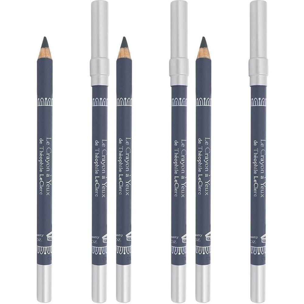 Trois crayons pour les yeux bleu foncé avec capuchons argentés et accents argentés. Texte sur les crayons.