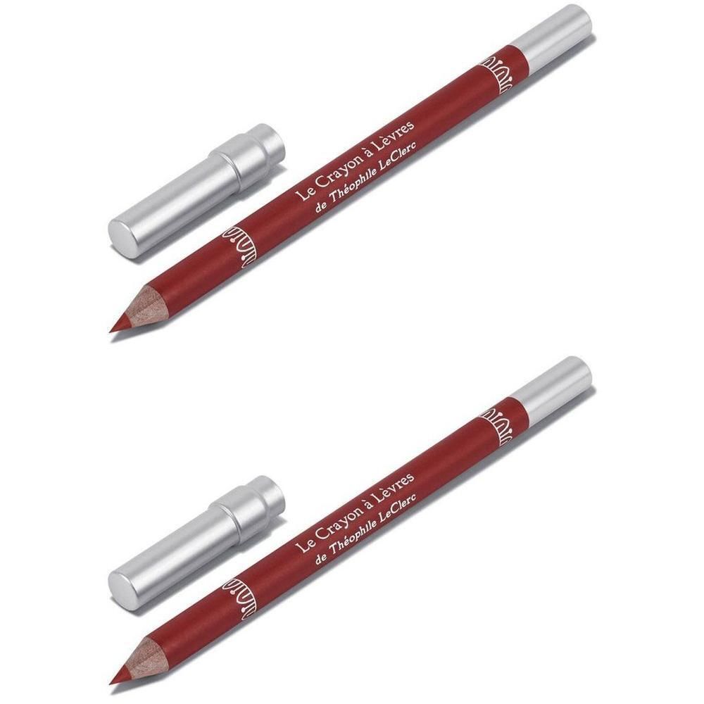 Twee rode lipliners met zilveren doppen. Opschrift: Le Crayon à Lèvres de Théophile LeClerc.